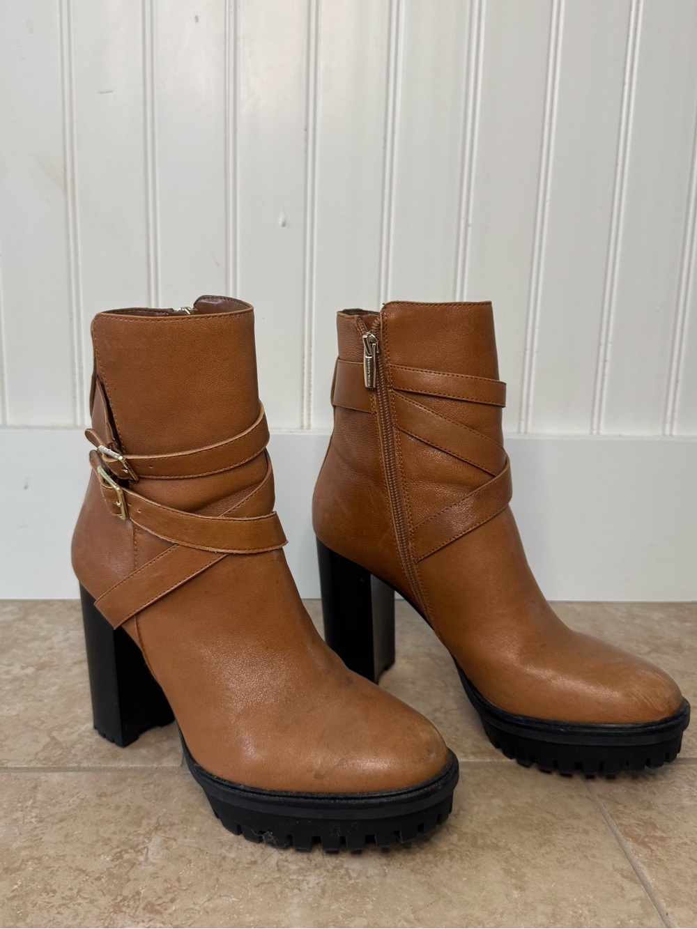 Vince Camuto Women's Tan Leather Platform Ankle Boots with Buckle Strap